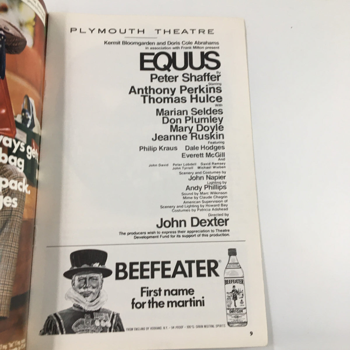 Interior page of the 1975 Playbill for Equus at Plymouth Theatre listing the cast and crew, featuring Anthony Perkins and others.