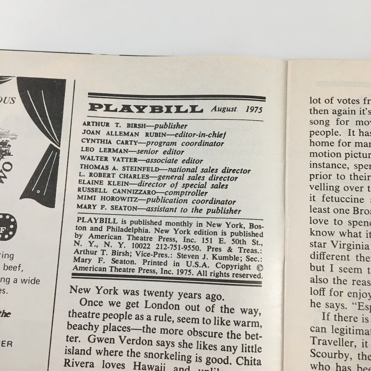 Textual details from the August 1975 Playbill for Equus, including publishing information and a vintage advertisement, showcasing its historical significance.
