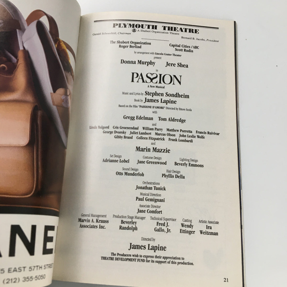 1994 Playbill from Plymouth Theatre featuring Donna Murphy in Passion by James Lapine, showcasing cast and production details on the inside cover.