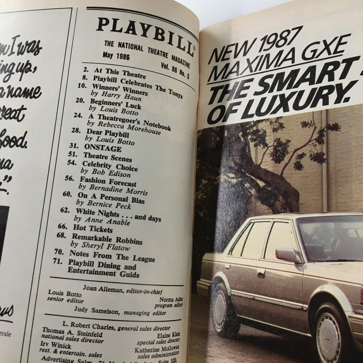 Inside view of the 1986 Playbill for Loot by Joe Orton showing advertisements and content from The National Theatre Magazine.