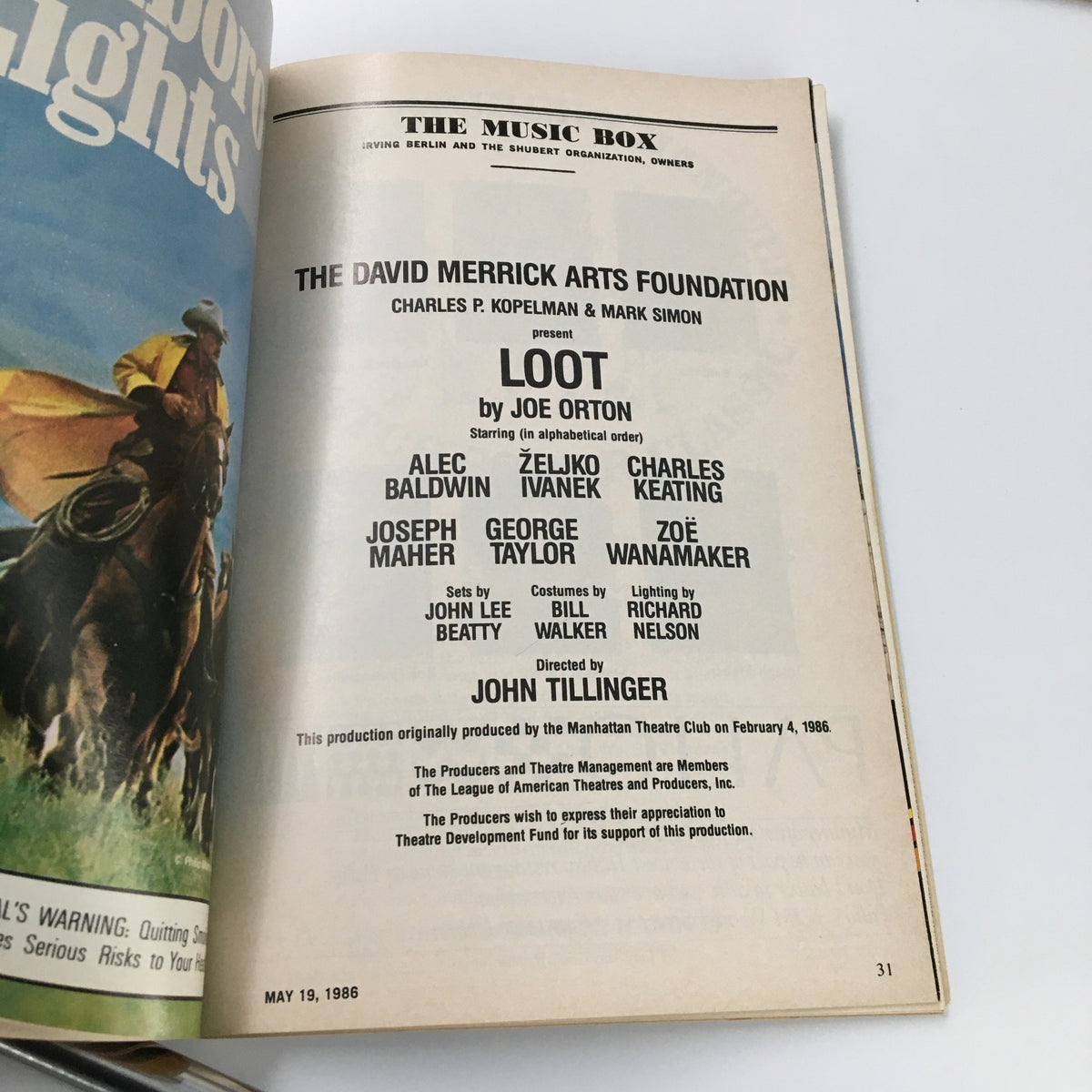 Page from the 1986 Playbill for Loot by Joe Orton detailing the cast and creative team, highlighting Alec Baldwin and Charles Keating's performances.