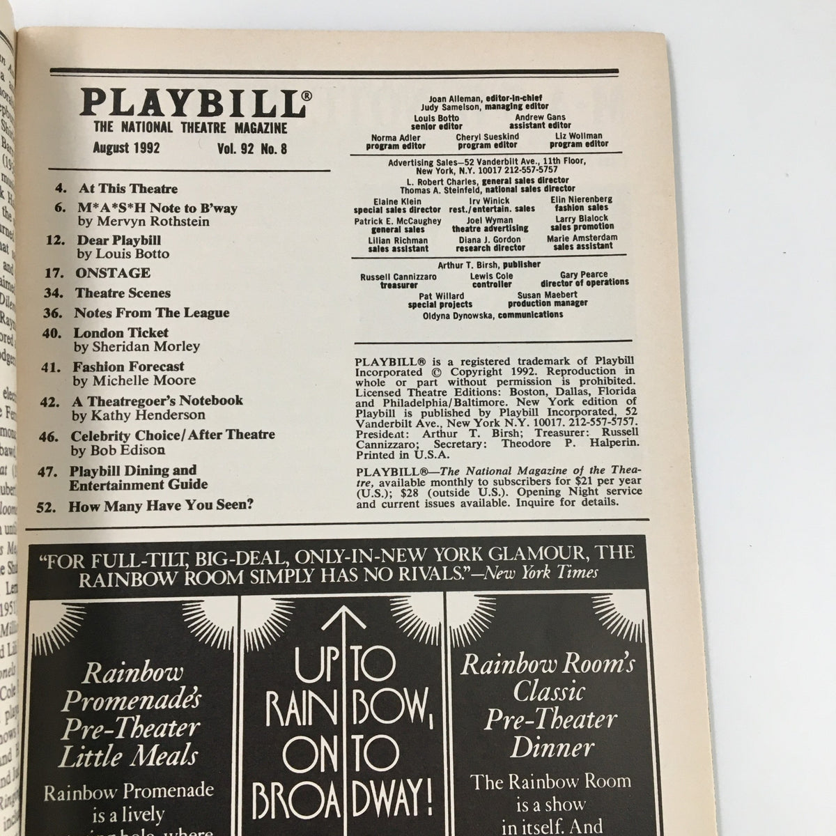 Inside page of the 1992 Playbill for Crazy For You, showcasing the contents and advertisements from the theatre magazine.