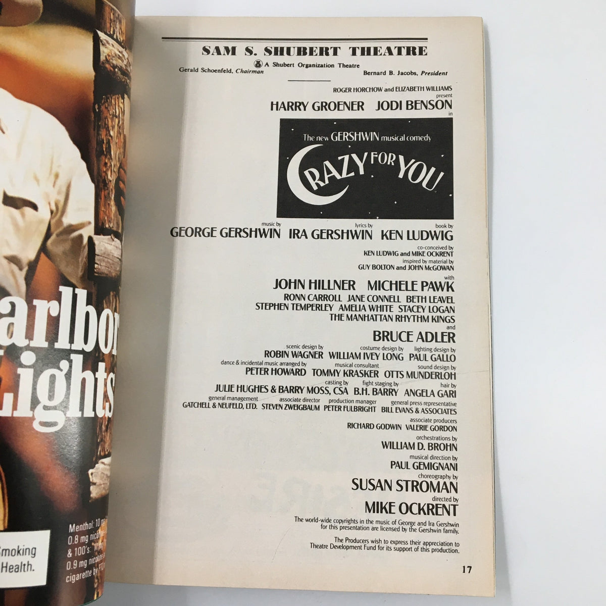 Another interior page of the 1992 Playbill for Crazy For You, highlighting cast members including Harry Groener and production details.