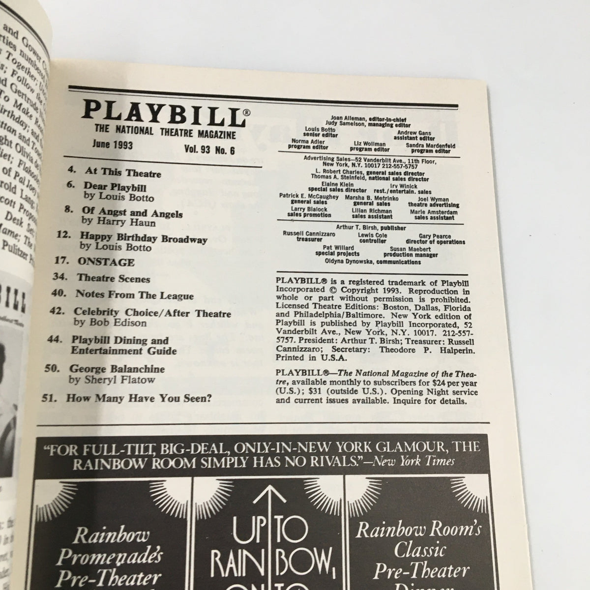Interior page of the 1993 Playbill for Kiss of the Spider Woman, listing contents and editorial notes from June 1993.