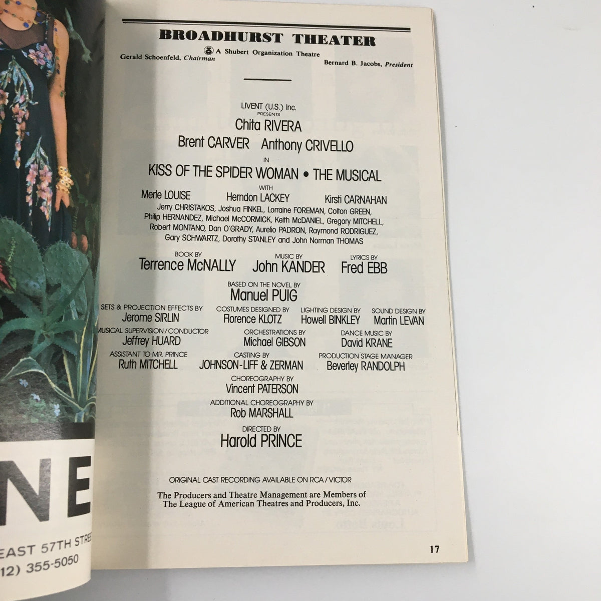 Program detail page from the 1993 Playbill for Kiss of the Spider Woman at Broadhurst Theater, featuring cast and crew information.