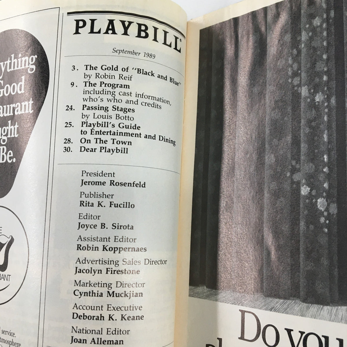 September 1989 Playbill from Colonial Theatre featuring the program details and contributors for the musical Grand Hotel by Luther Davis, produced by Martin Richards.