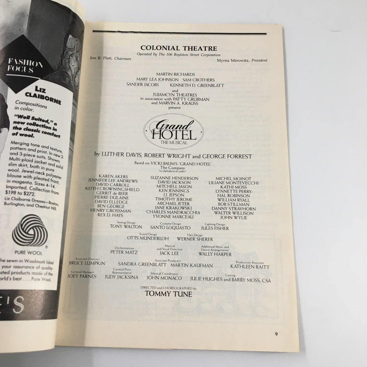 Inside page of the 1989 Playbill showing the Colonial Theatre details and cast list for the musical Grand Hotel by Luther Davis, highlighting key contributors and performers.