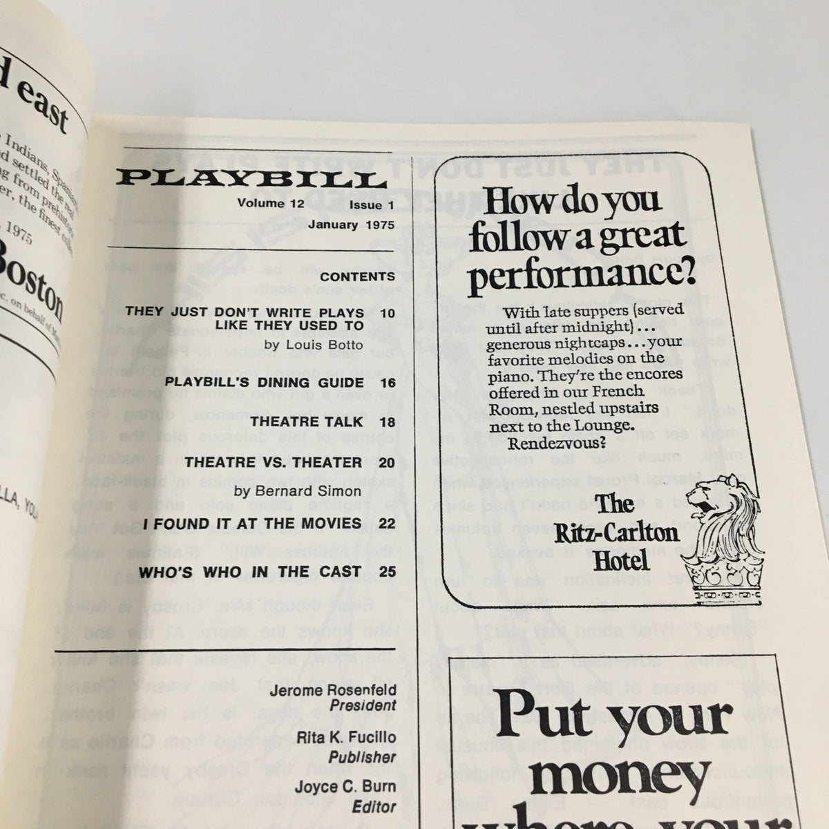 1975 Playbill The Colonial Theatre content page from January 1975 edition.