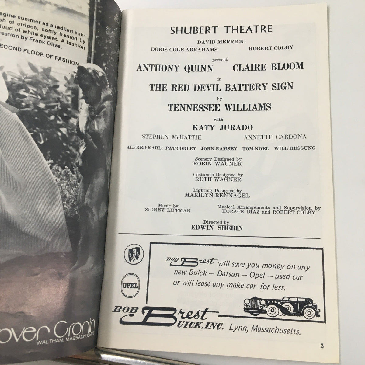 Detailed page from the 1975 Playbill for The Red Devil Battery Sign, highlighting the cast and crew of the production.