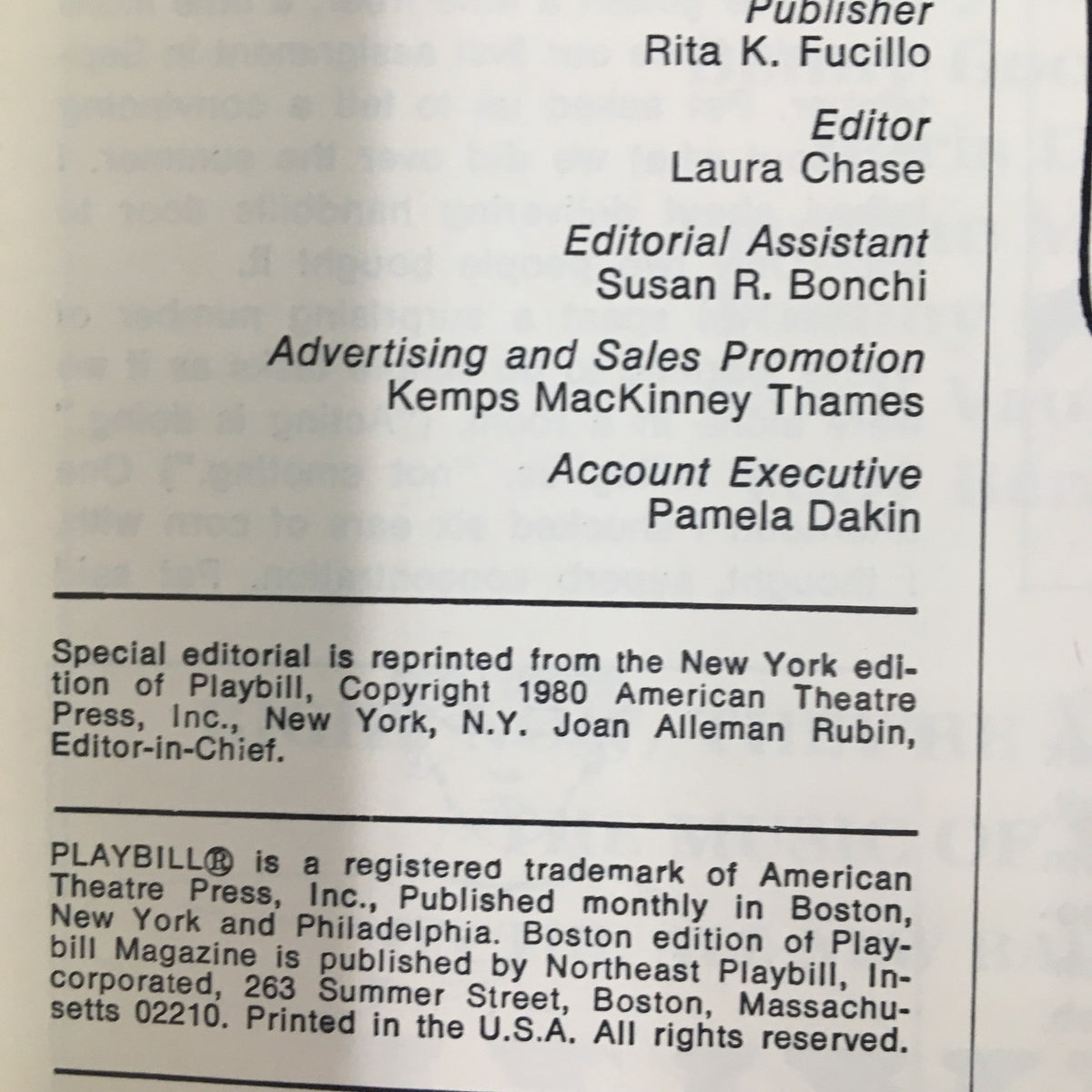 Detailed editorial section from the 1980 Playbill Shubert Theatre listing contributors and advertising, related to the production featuring Bill Macy, Antonio Fargas, and Joe Silver in The Roast.