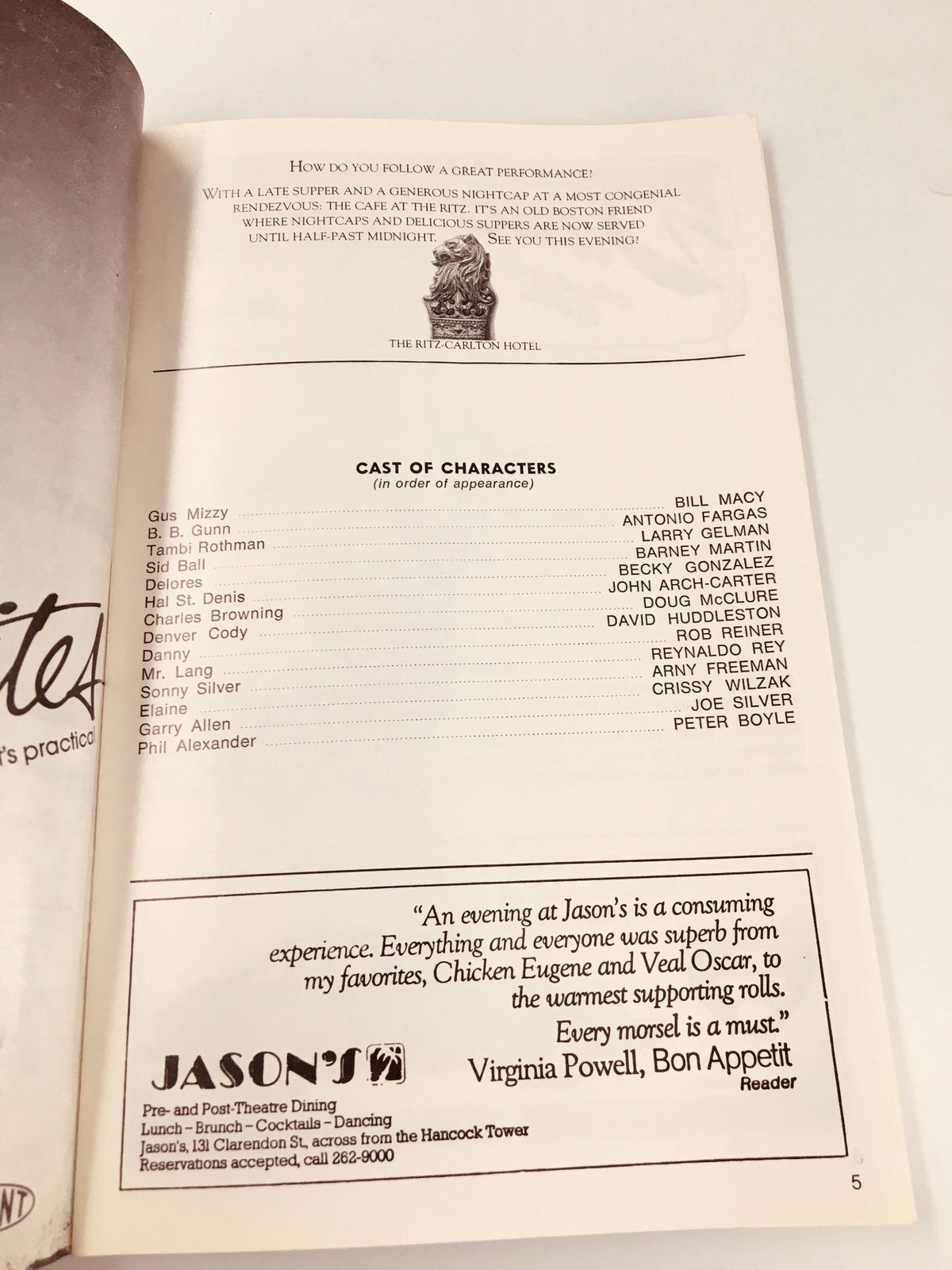 Cast of characters page from the 1980 Playbill Shubert Theatre, highlighting the roles of Bill Macy, Antonio Fargas, and Joe Silver in The Roast.