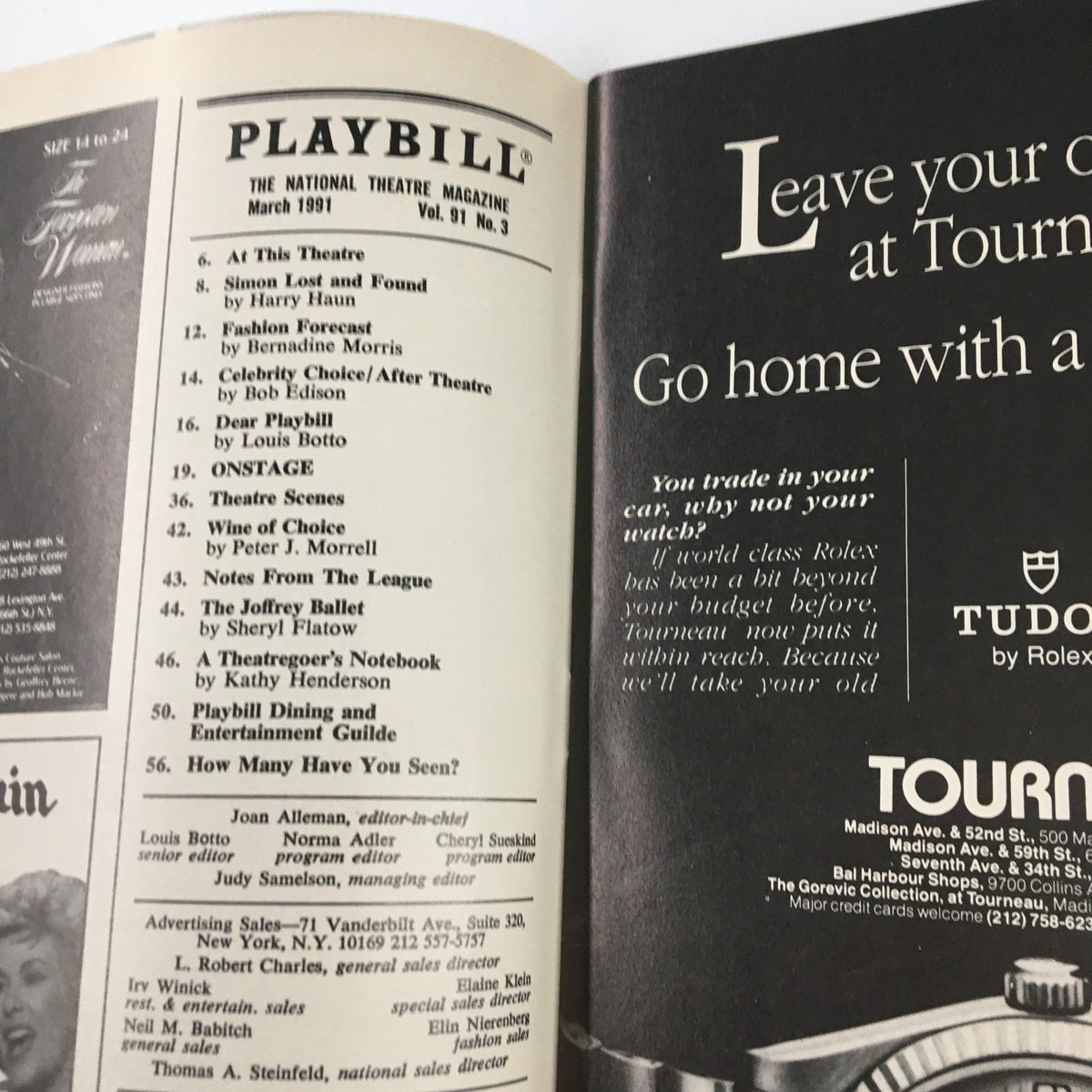 Interior page of the 1991 Playbill for The Buddy Holly Story, showcasing other featured plays and advertisements.