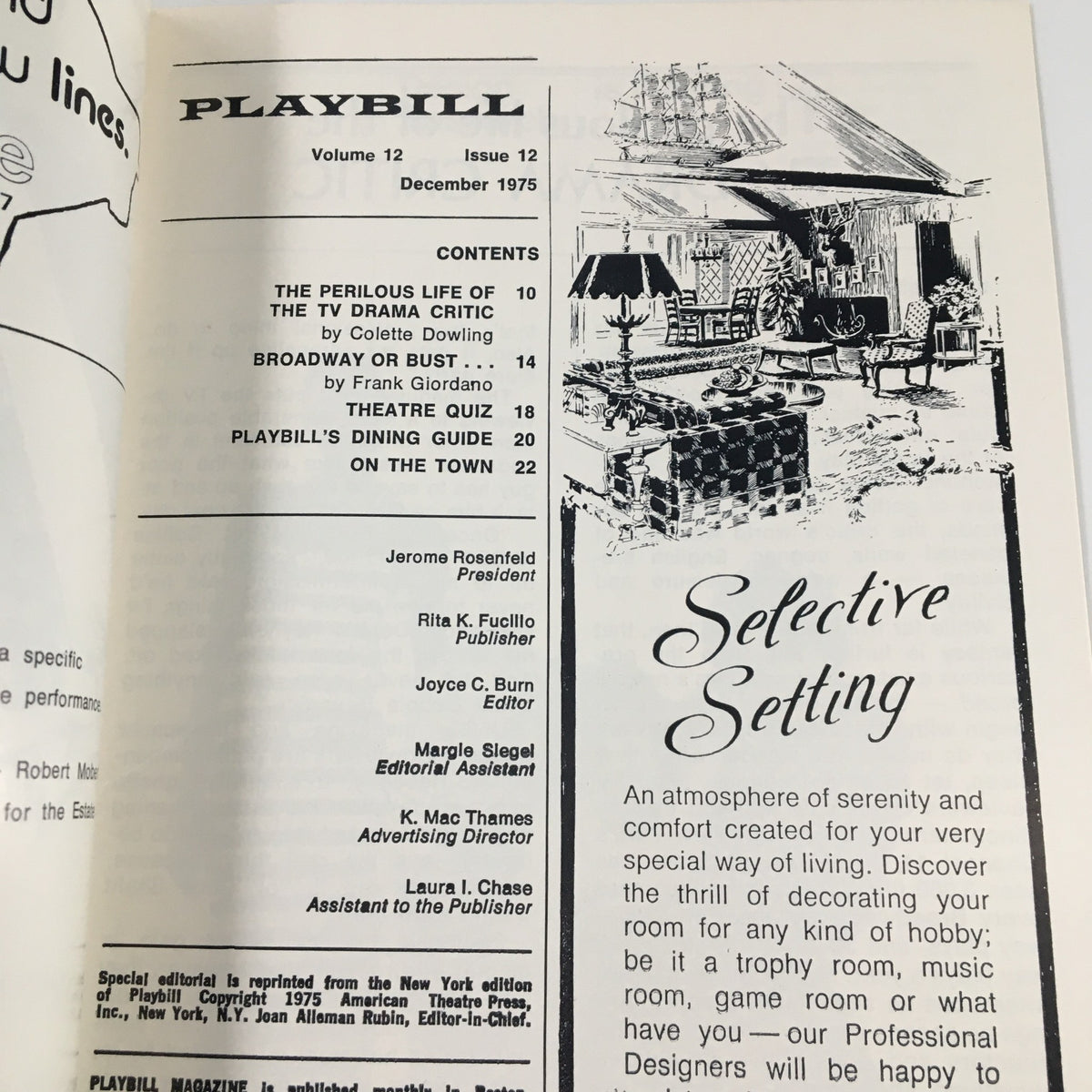 Another page from the 1975 Playbill The Colonial Theatre, highlighting the contents and promotional section for services related to theater experiences.