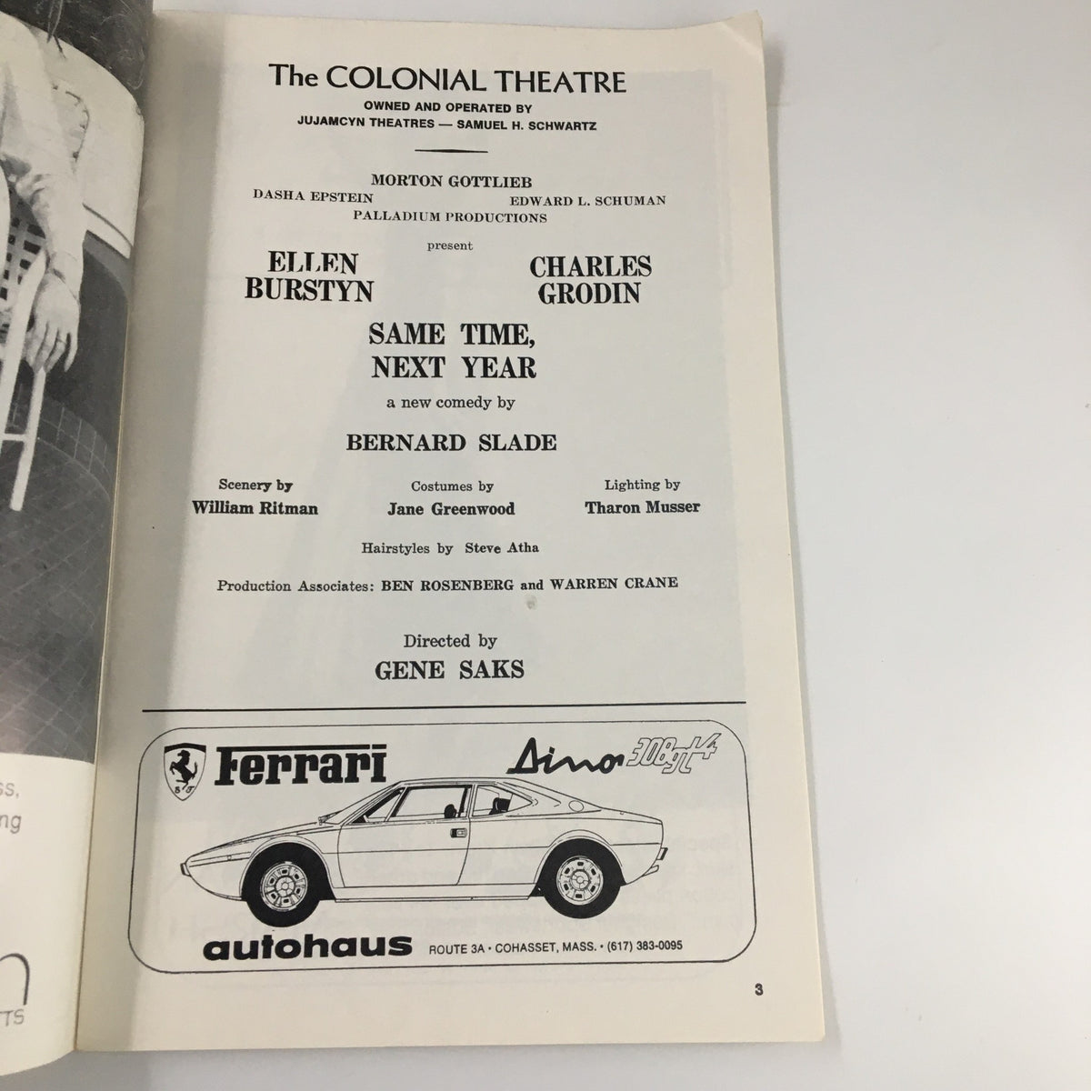 1975 Playbill from The Colonial Theatre featuring Ellen Burstyn in Same Time, Next Year, showcasing production details and credits.