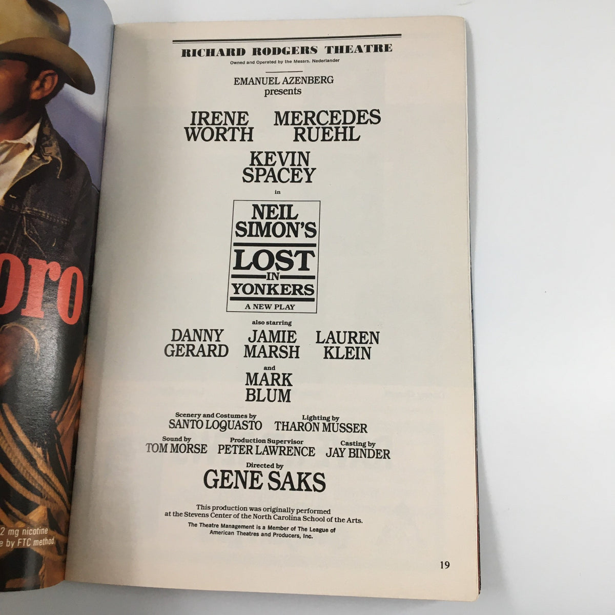 Detailed cast page of the 1991 Playbill for 'Lost in Yonkers,' listing notable performances by Irene Worth, Kevin Spacey, and others at the Richard Rodgers Theatre.