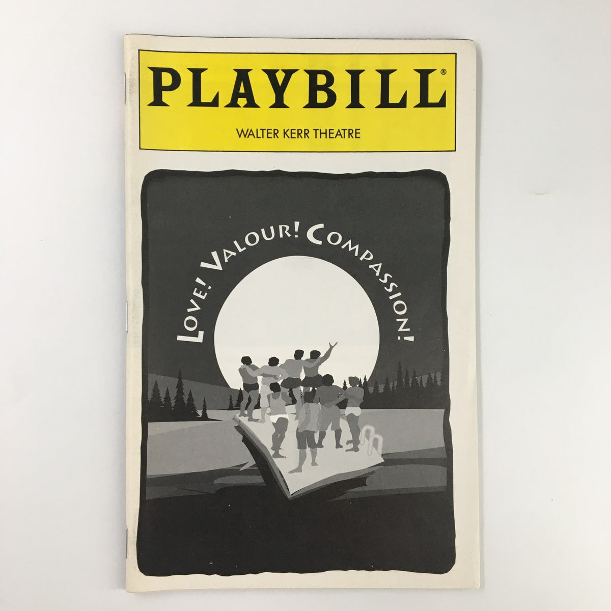 1995 Playbill for 'Love! Valour! Compassion!' at Walter Kerr Theatre, featuring a black and white illustration of performers on a book with a moon backdrop.
