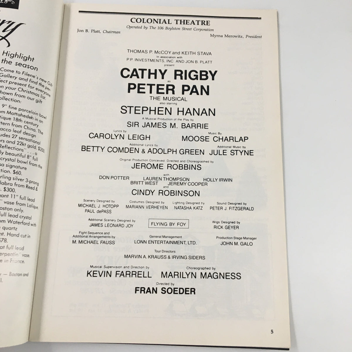 Interior page of the 1989 Playbill for Peter Pan, highlighting cast details including Cathy Rigby, at Colonial Theatre.