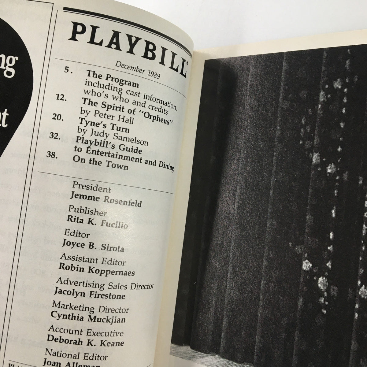 1989 Playbill for Peter Pan, featuring a page with additional program information and details pertinent to the performance at Colonial Theatre.
