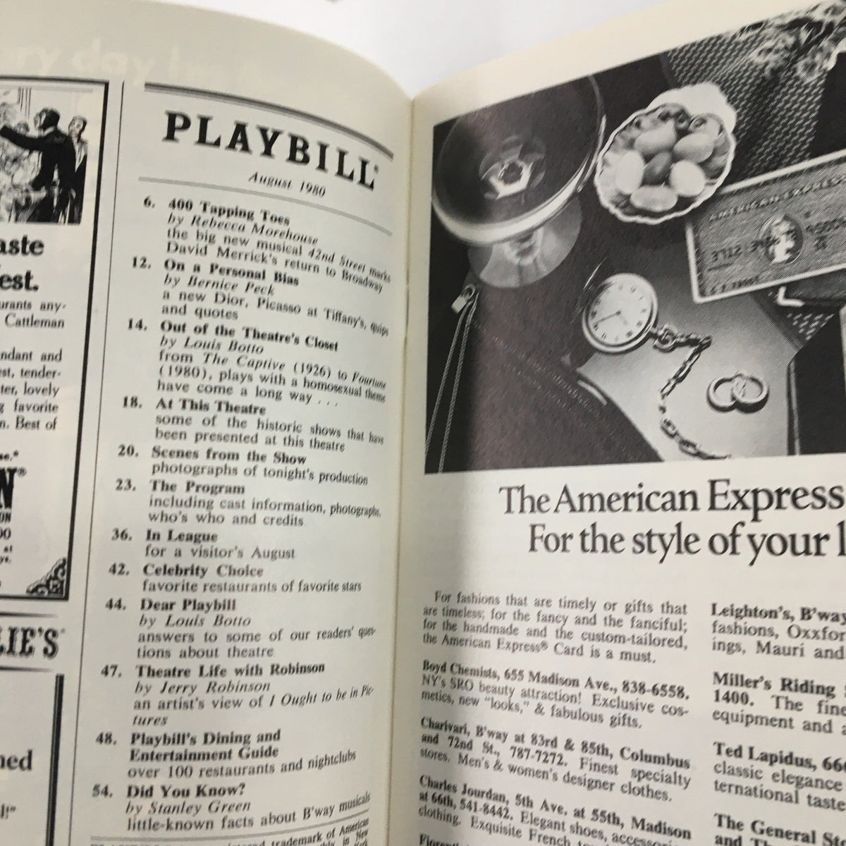 Interior of the 1980 Playbill featuring various advertisements and production details from the Imperial Theatre, highlighting Rhonda Farer in 'They're Playing Our Song', perfect for theater enthusiasts.