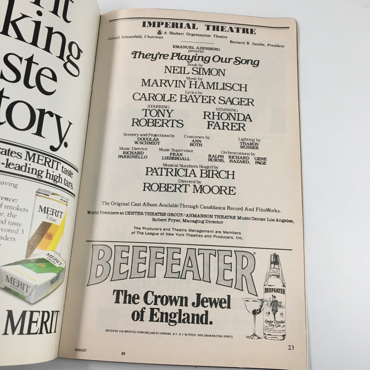 Page from the 1980 Playbill showcasing the cast of 'They're Playing Our Song' at the Imperial Theatre, featuring Rhonda Farer, a collectible for Broadway fans.