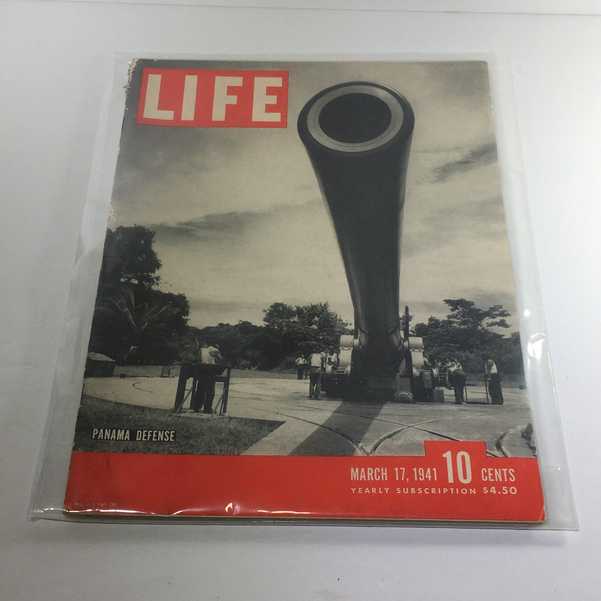 Vintage Life Magazine: March 17, 1941 - Panama Defense cover showing a large cannon with text indicating the magazine's title and date.