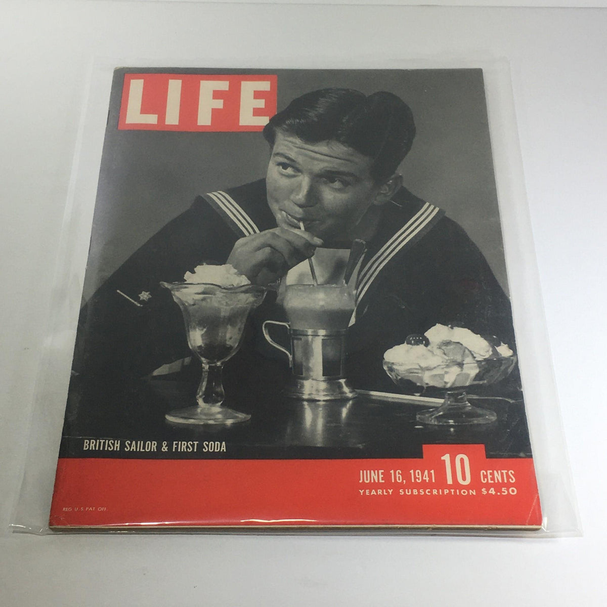 Vintage Life Magazine cover from June 16, 1941, featuring a British sailor enjoying soda, with the title 'British Sailor & First Soda'.