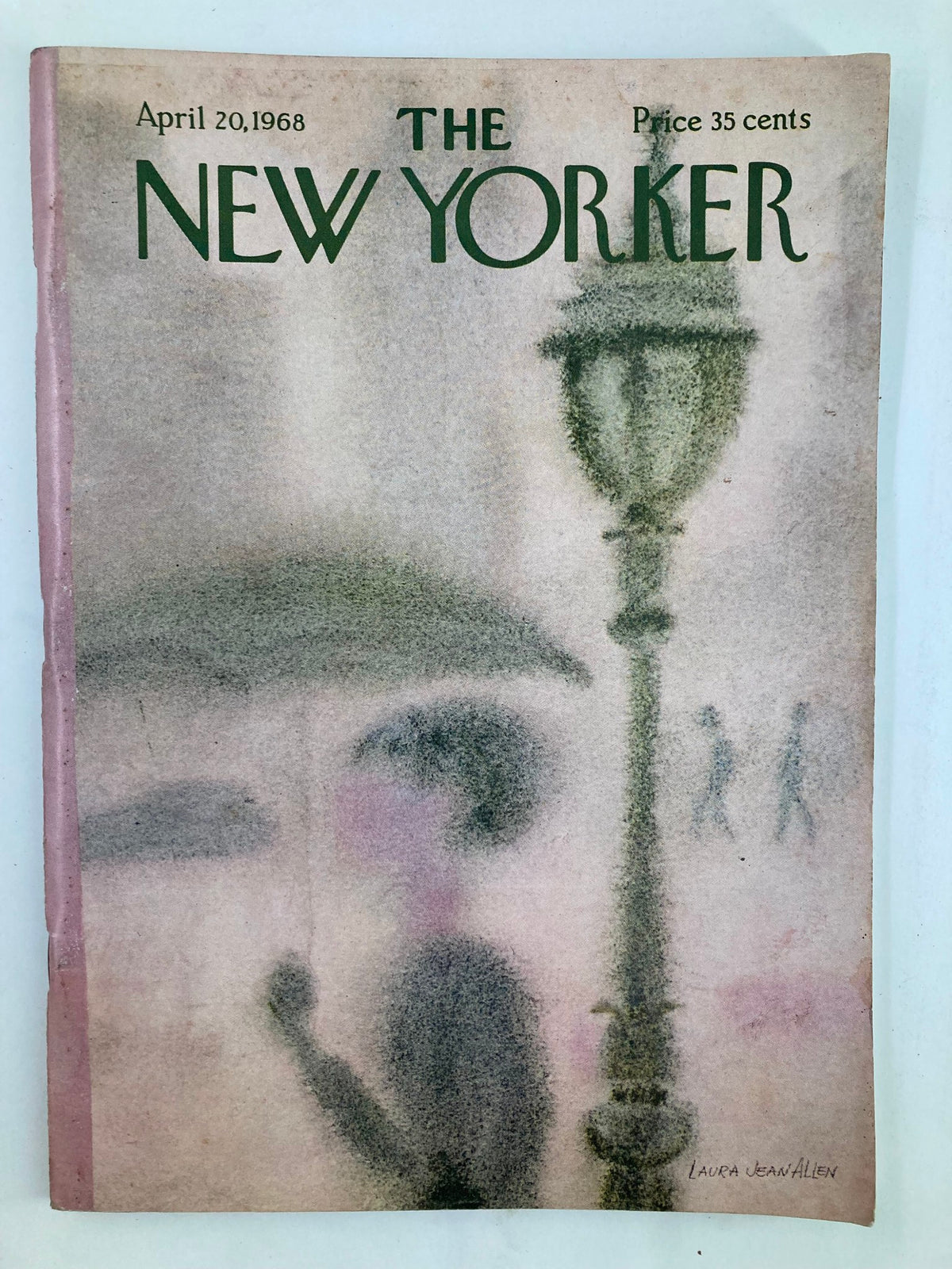 Cover of The New Yorker magazine, April 20, 1968, showcasing the artwork "Shadows" by Laura Jean Allen. The cover features a soft, ethereal illustration with a street lamp and silhouettes, reflecting the artistic and cultural narratives of the 1960s.