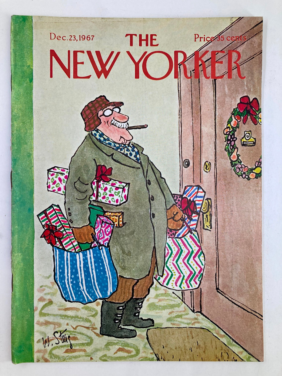 Cover of The New Yorker Full Magazine December 23, 1967 featuring a whimsical illustration by William Steig of a man carrying holiday gifts to a door.