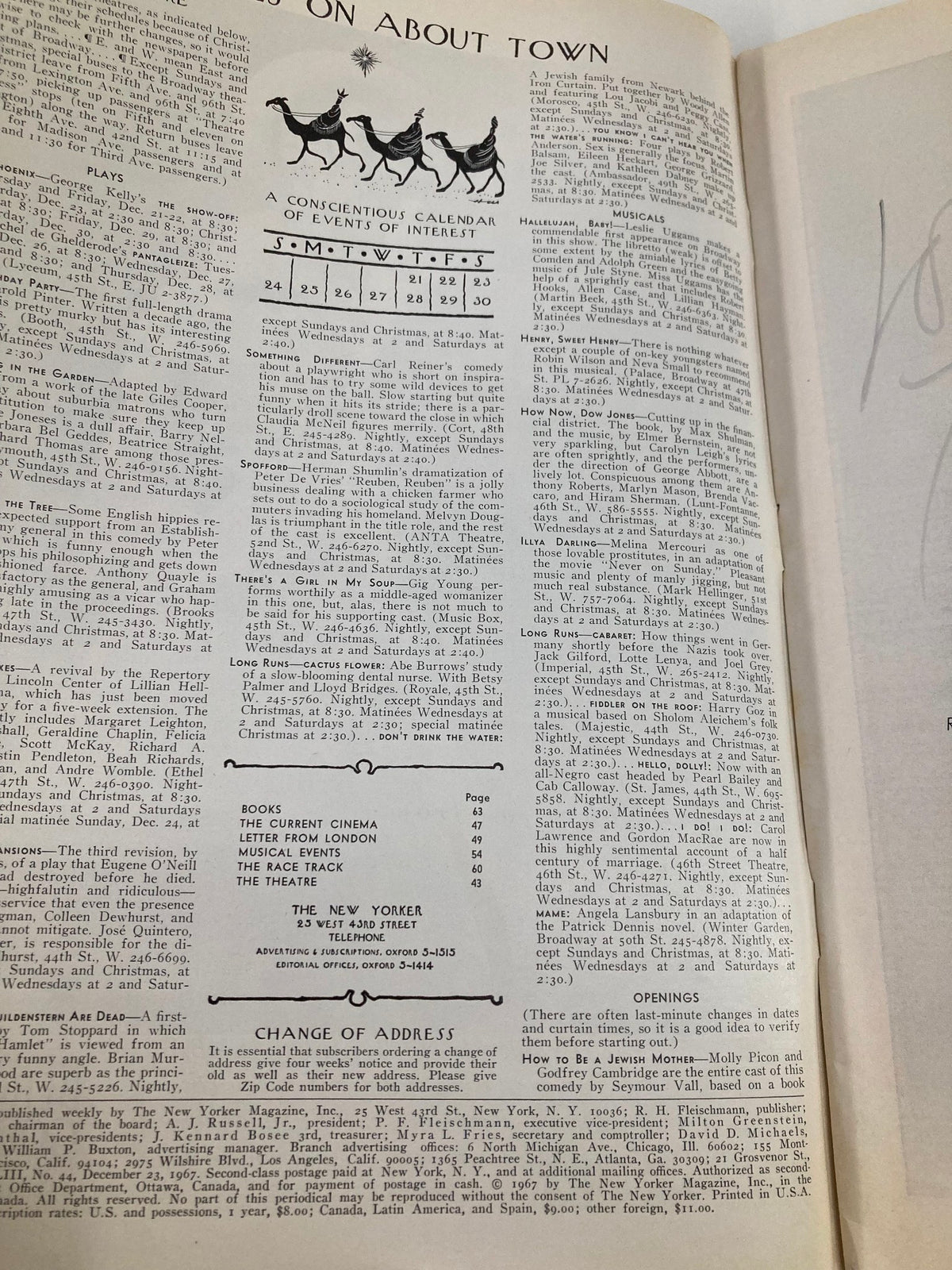 Interior page from The New Yorker Full Magazine December 23, 1967 showcasing articles, a calendar of events, and advertisements typical of the era.