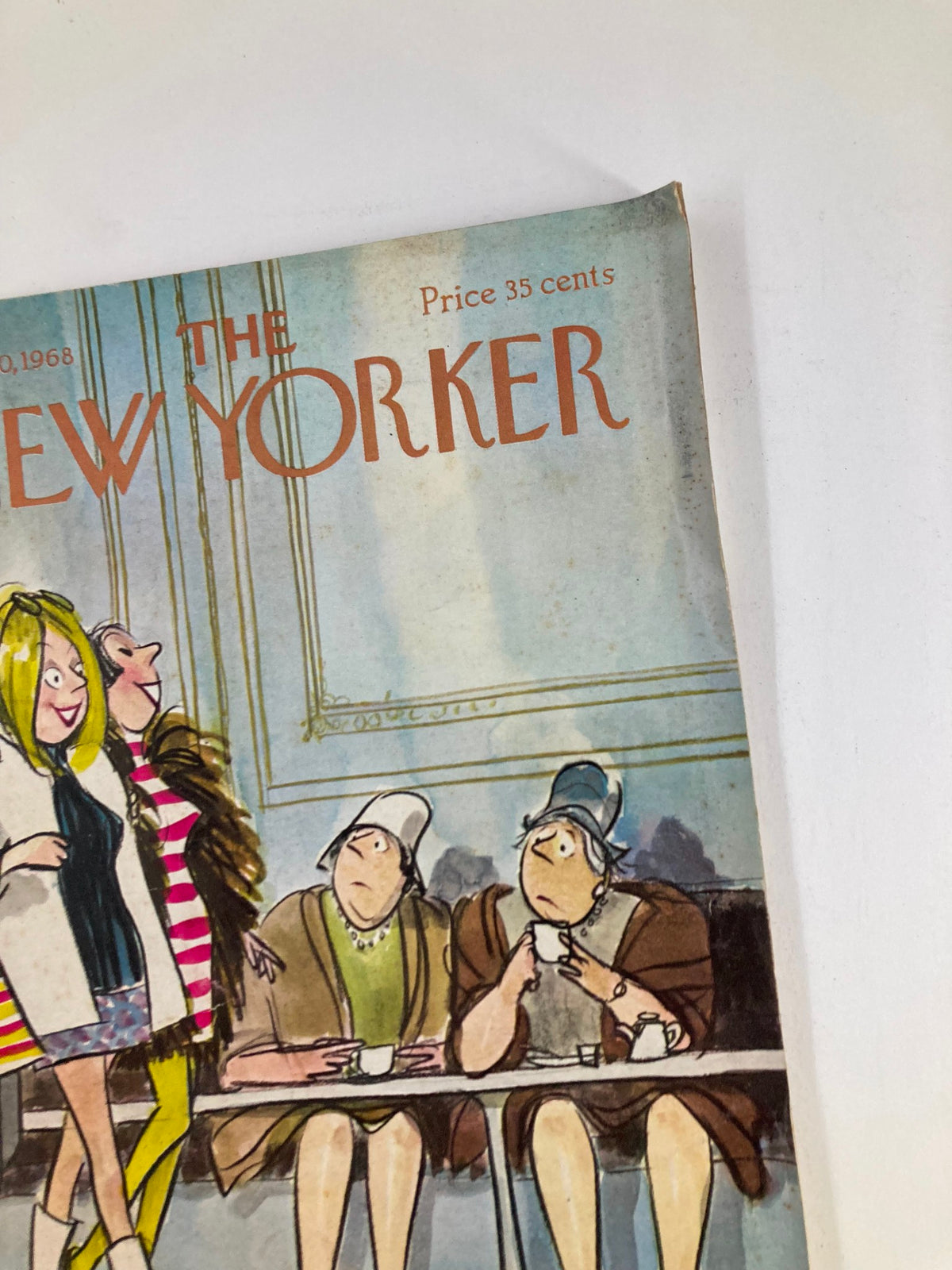 Close-up of the top corner of The New Yorker magazine, March 30, 1968, showcasing the title and price of 35 cents.
