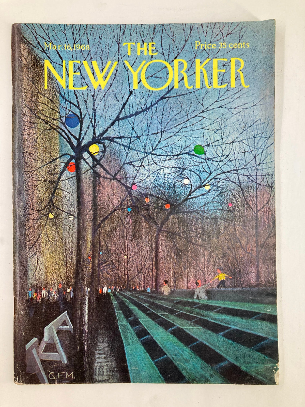 Cover of The New Yorker Full Magazine March 16 1968 featuring the iconic "Empty Bench" artwork by C. E. Martin.