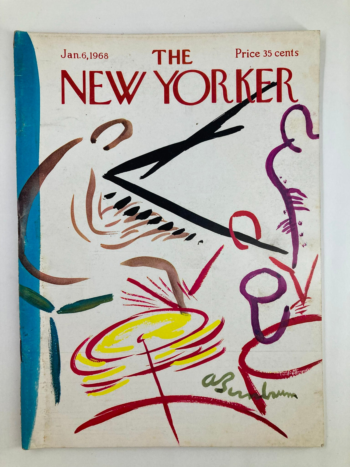 Cover of The New Yorker Full Magazine January 6 1968 featuring vibrant abstract art related to musicals by A. Birnbaum.