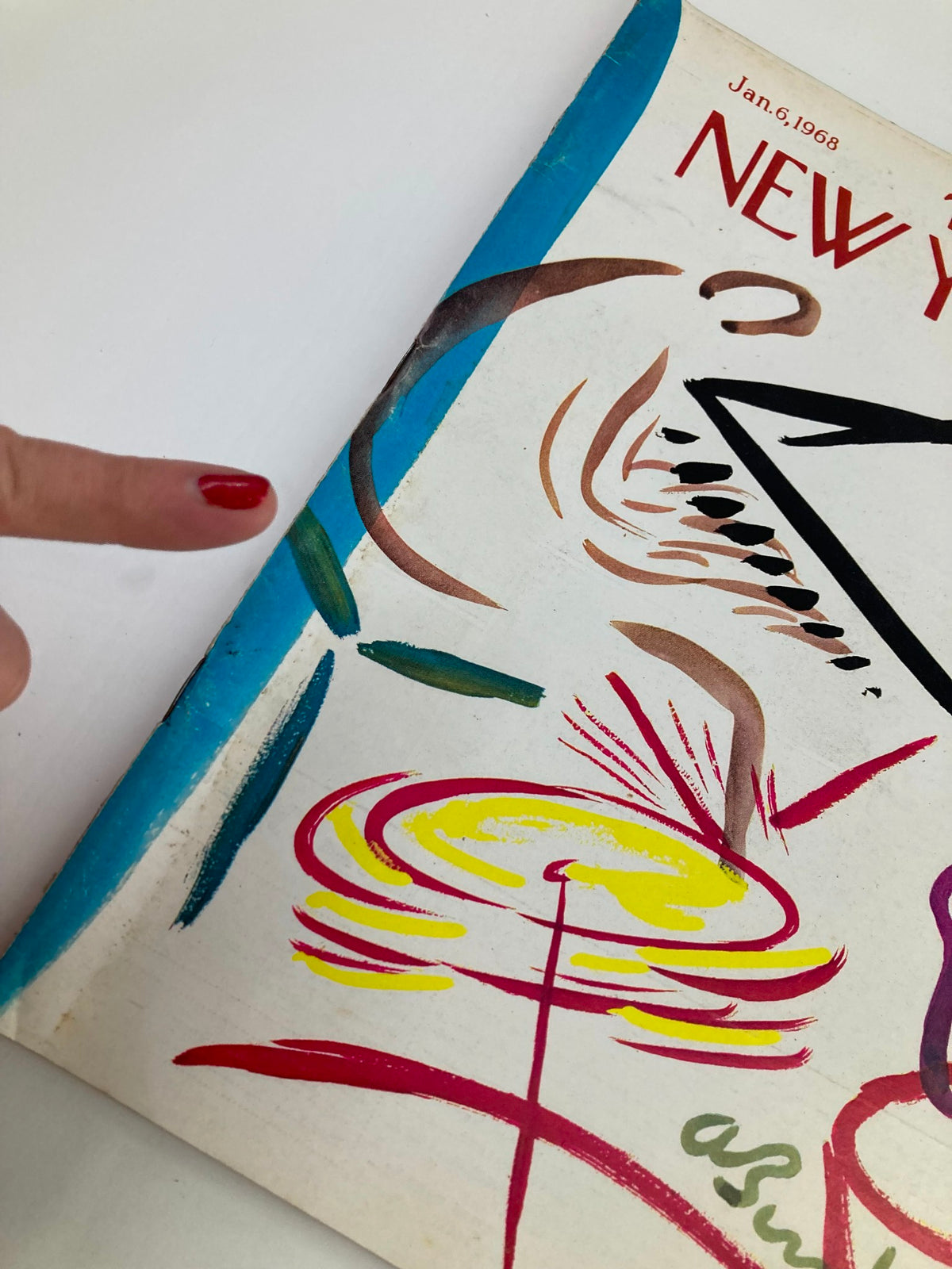 Detail view of The New Yorker Full Magazine January 6 1968 cover artwork, highlighting colorful abstract designs and the magazine's title.