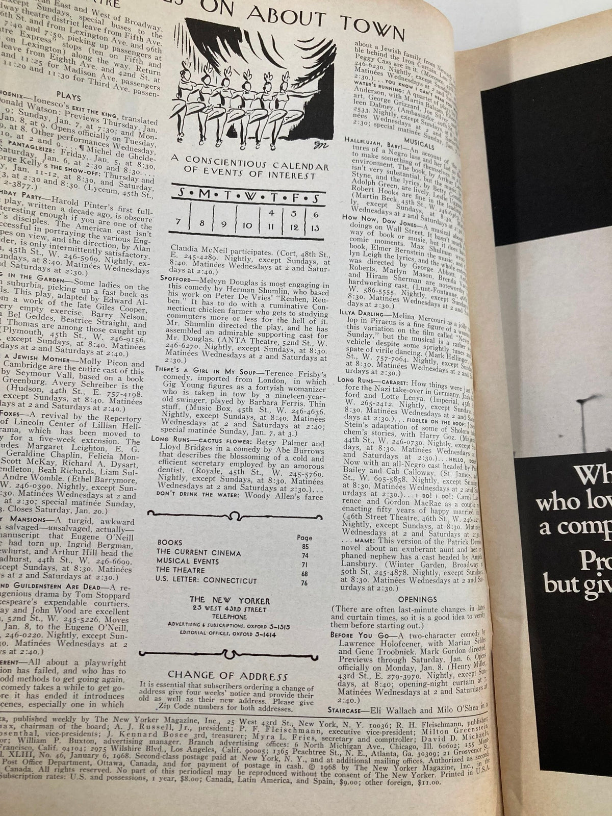 Interior page of The New Yorker magazine dated January 6, 1968, showcasing a calendar of events and listings related to plays and musicals, reflecting the entertainment culture of the era.