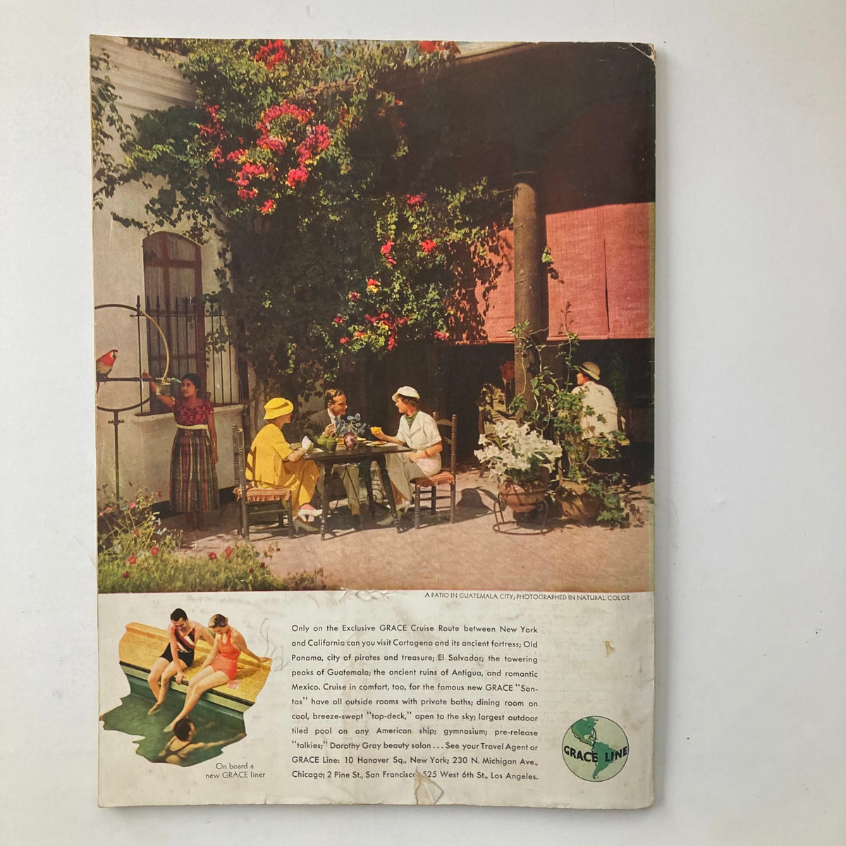 Back cover of VTG New Outlook Magazine October 1934 showcasing an advertisement for the Grace Line cruise experience in Guatemala.