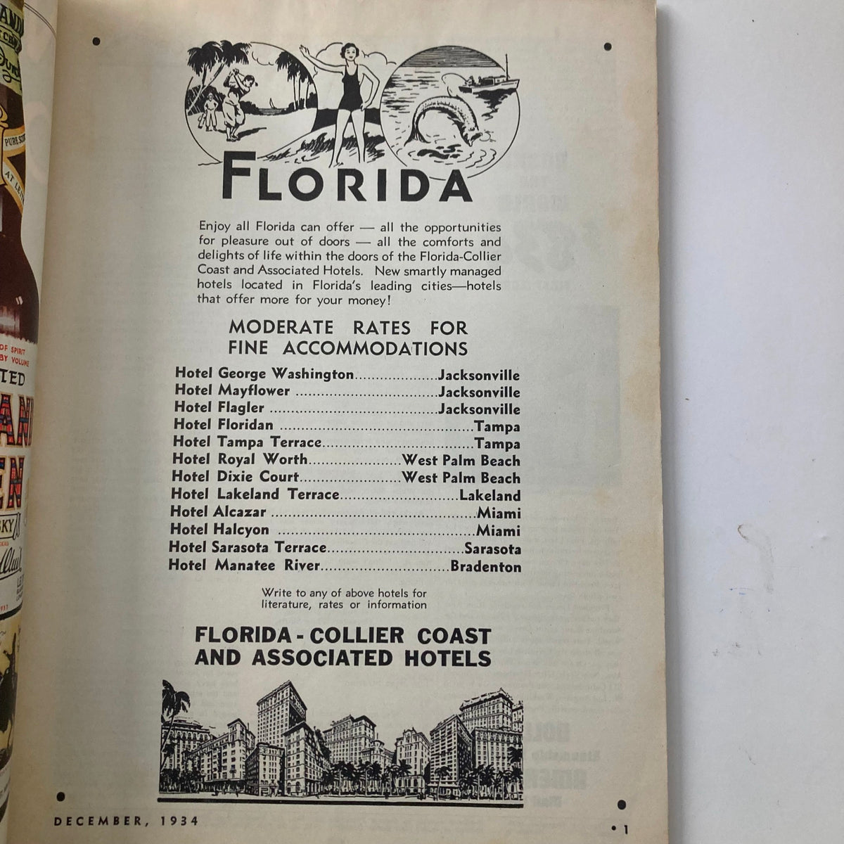 Interior page of VTG New Outlook Magazine December 1934 showcasing an advertisement for Florida hotels, detailing accommodations and highlighting the allure of travel and leisure during the 1930s.