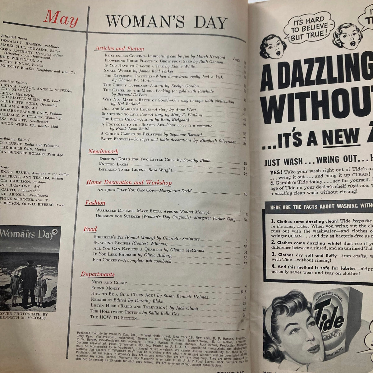 Page from the May 1950 issue of Woman's Day Magazine titled 'A Child's Garden of Relatives,' featuring the table of contents and advertisements, showcasing mid-century family life themes.