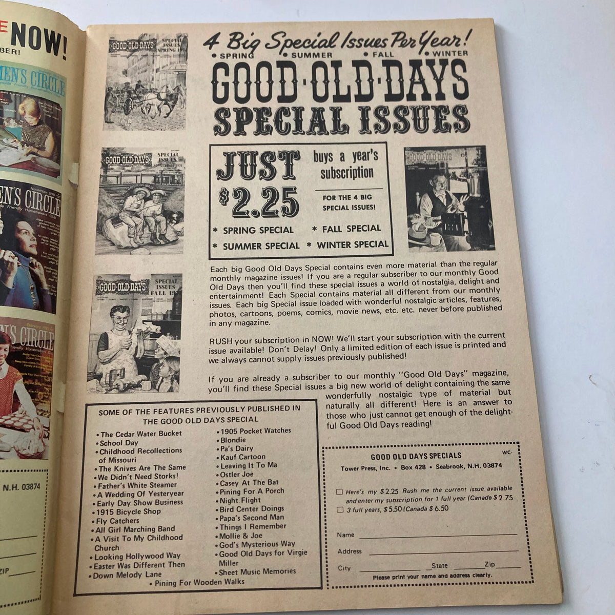 Inside page of the VTG Women's Circle Magazine 1975 Christmas Annual, showcasing advertisement for Good Old Days special issues and nostalgic content.
