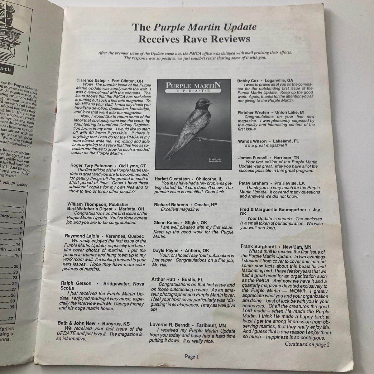 Interior page of VTG Purple Martin Update showing rave reviews for the publication, reflecting on the importance of Purple Martin conservation.