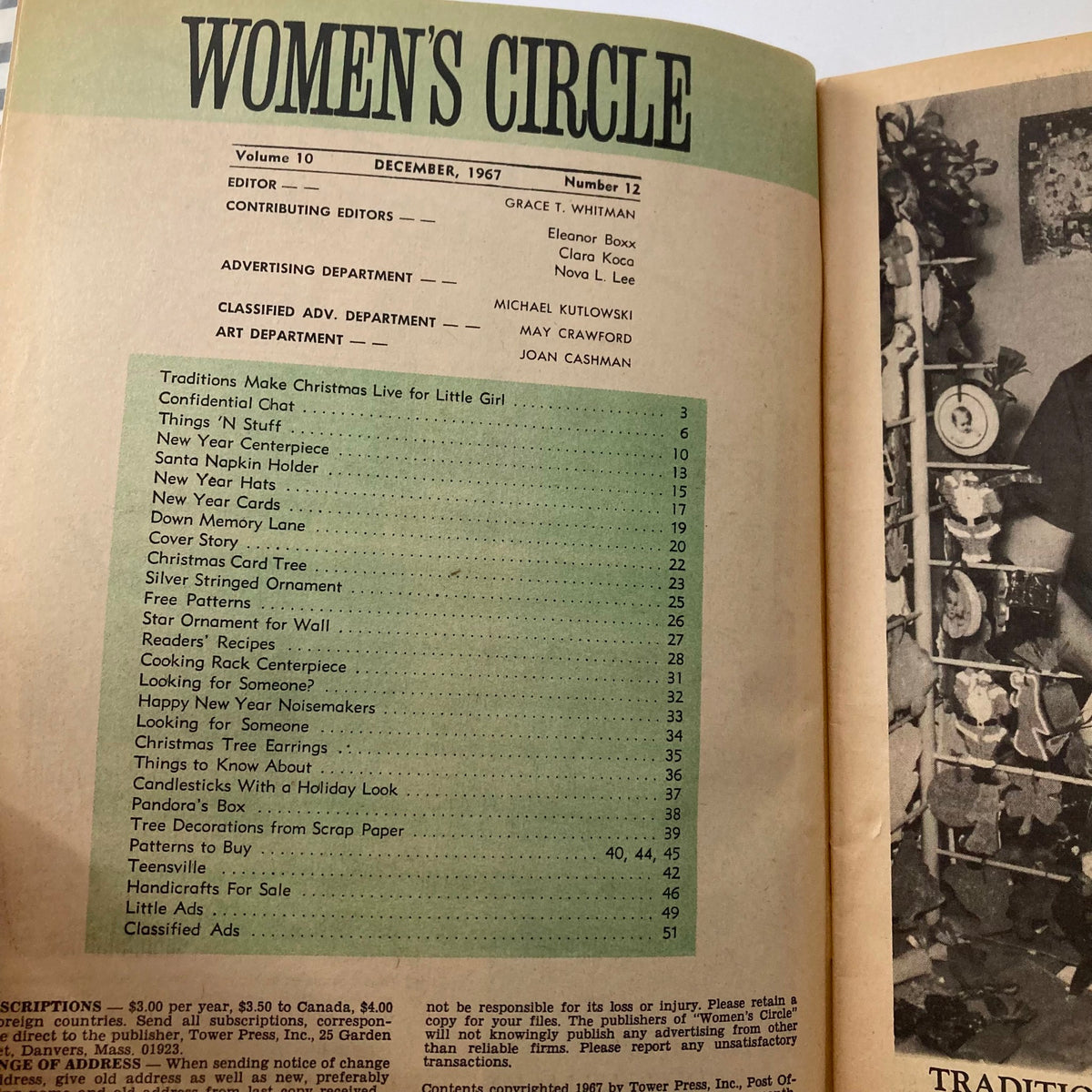 Interior page of VTG Women's Circle Magazine December 1967 Volume 10 Number 12, showcasing the contents list and reflecting the magazine's focus on home, lifestyle, and festive themes.