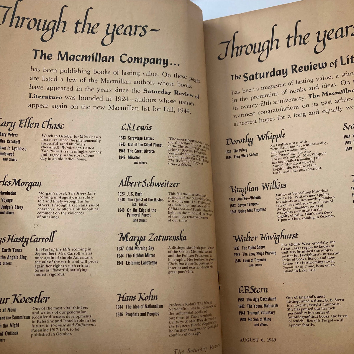 Inside page of VTG Saturday Review of Literature Magazine August 6 1949 displaying author listings, including C.S. Lewis, and a brief history of the publication.