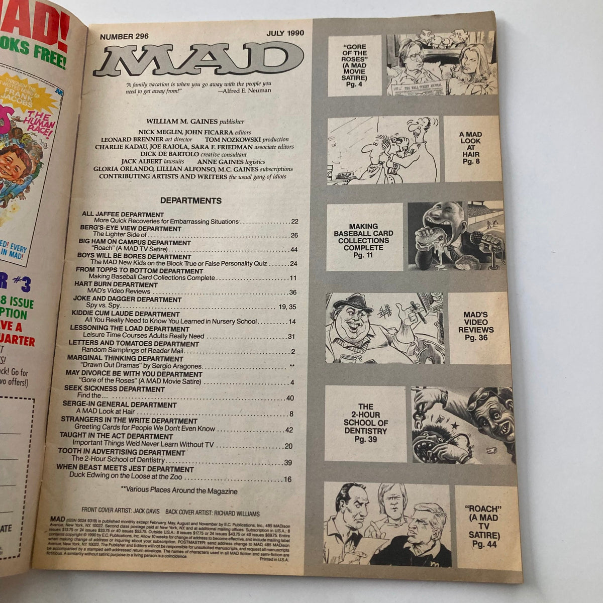 Table of contents page from Mad Magazine July 1990 No. 296 detailing various articles and departments within the magazine.