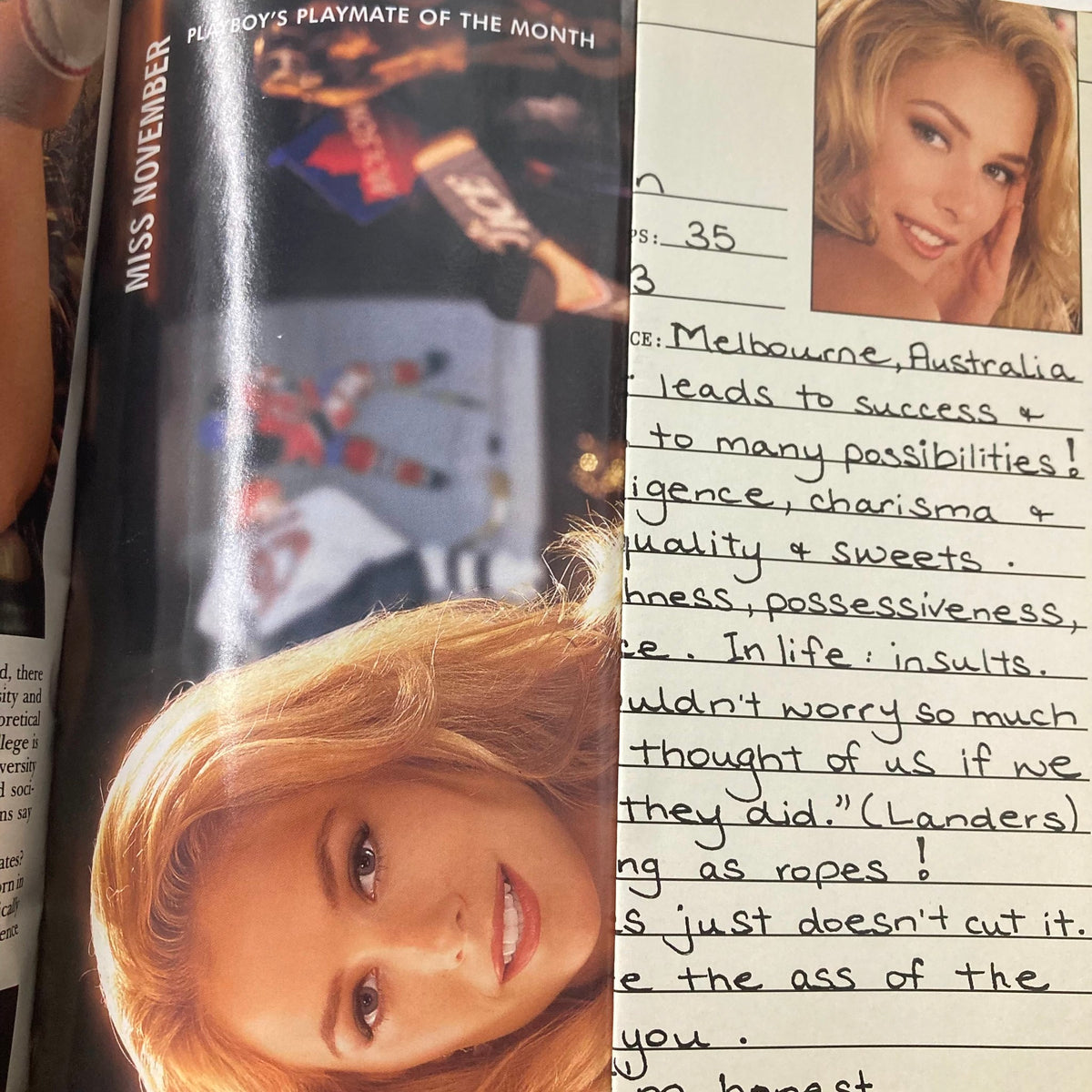 Playboy Magazine November 1999 interior page showcasing Cara Wakelin as Playmate of the Month with a feature on her attributes and background.