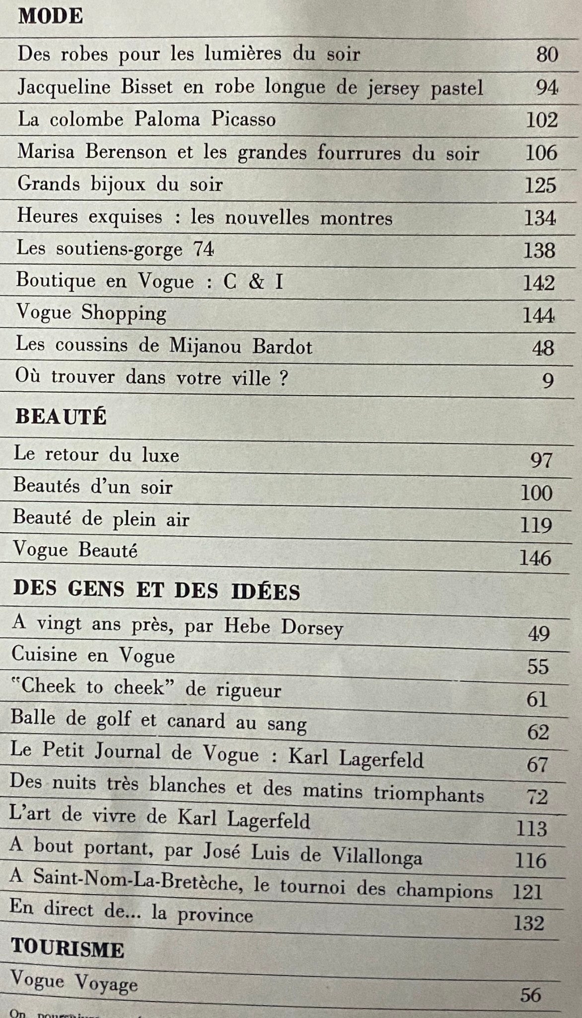 Contents page of Vogue Paris Magazine November 1973 outlining featured articles on fashion, beauty, and influential personalities like Paloma Picasso and Jacqueline Bisset.