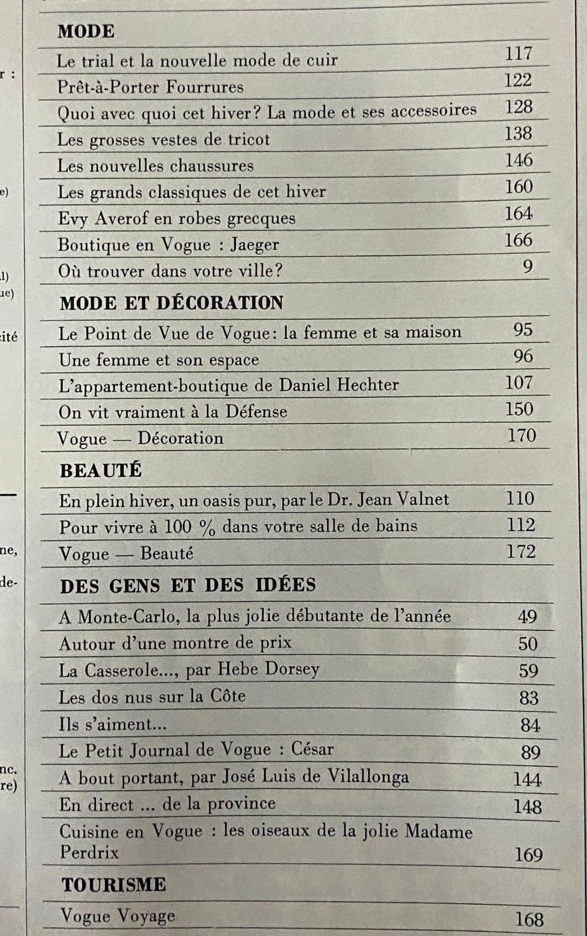 Vogue Paris Magazine October 1973 table of contents showcasing articles on fashion, beauty, and lifestyle trends of the 70s.