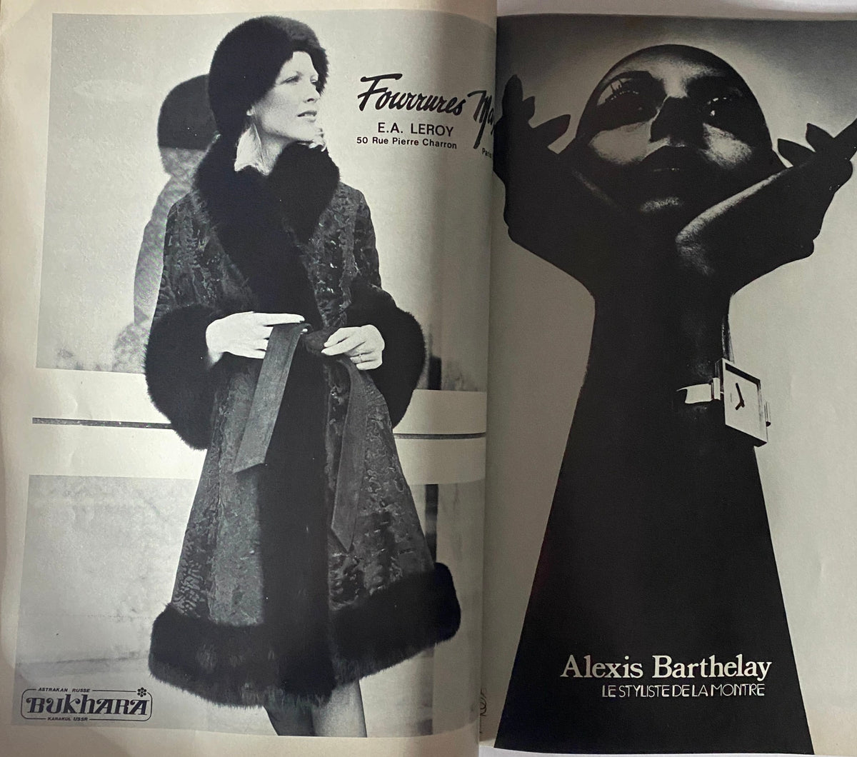 Vogue Paris Magazine October 1973 displaying an elegant ad for E.A. Leroy featuring a model in a luxurious fur coat.