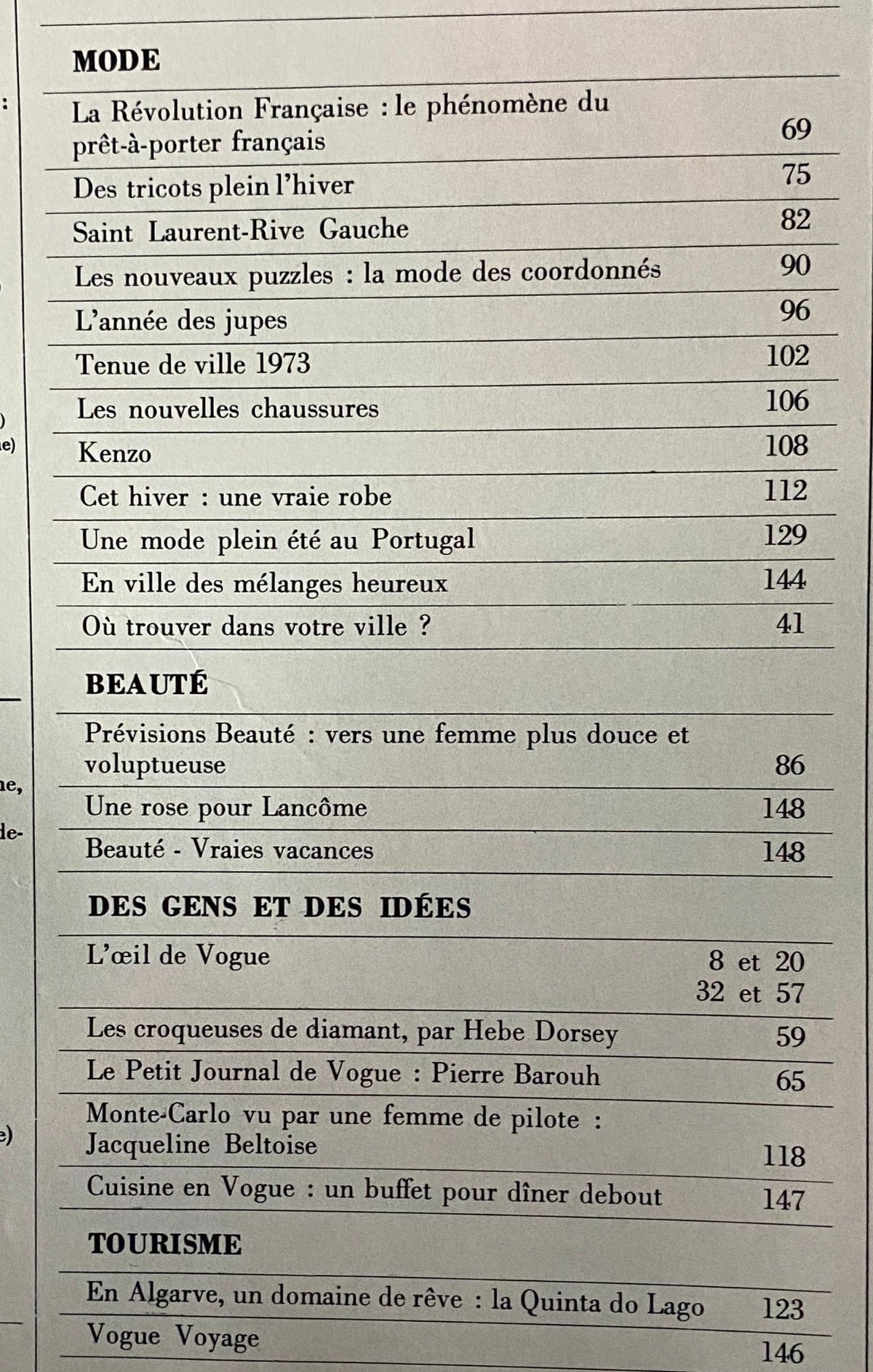 Interior page from Vogue Paris Magazine August 1973, listing fashion articles including French fashion revolution and trend insights, at the peak of haute couture.