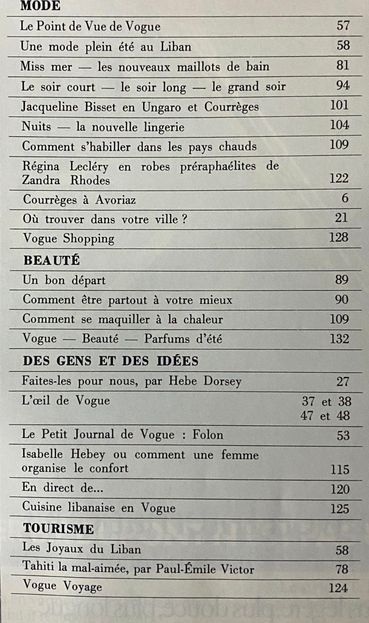 Table of contents from Vogue Paris Magazine May 1973, detailing features including fashion, beauty, and cultural articles, emphasizing its vintage significance.