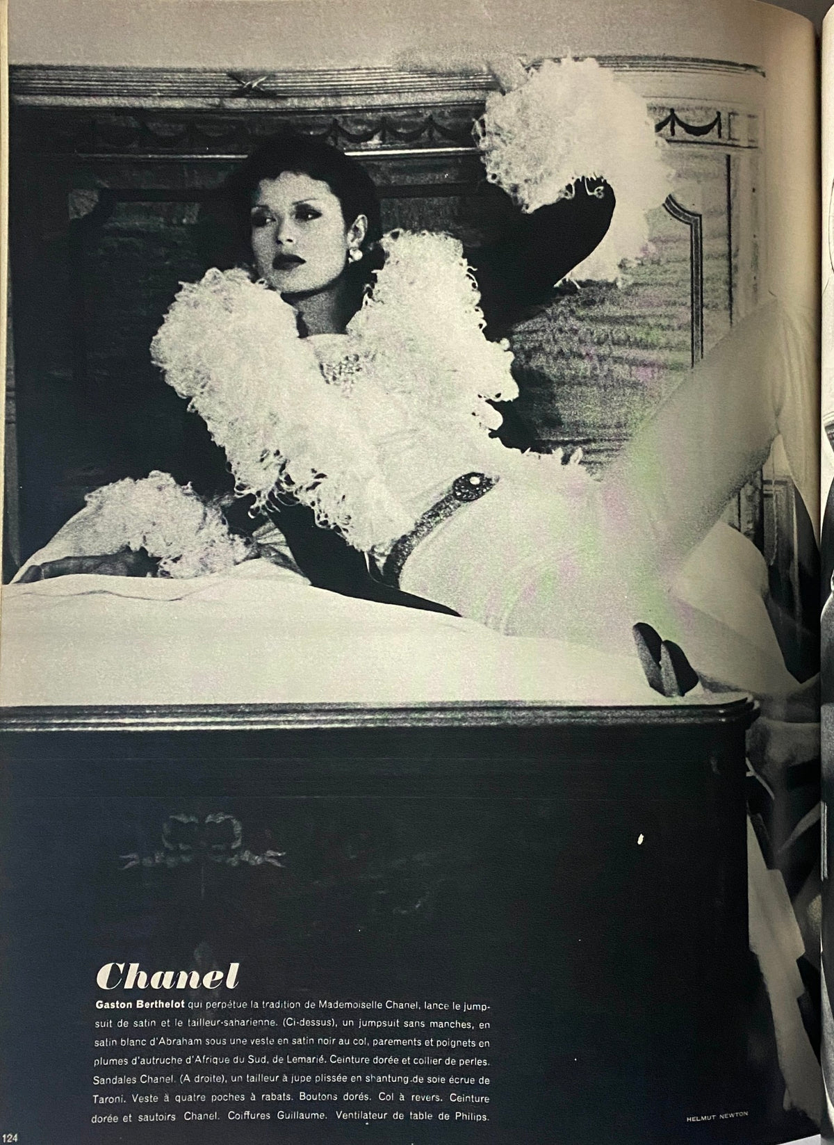 A stylish black and white photograph from Vogue Paris Magazine March 1972 featuring a model wearing a striking outfit inspired by Chanel, showcasing fashion innovation of the early 70s. Vogue Paris Magazine March 1972 Marie Laforêt Cover No Label VG.