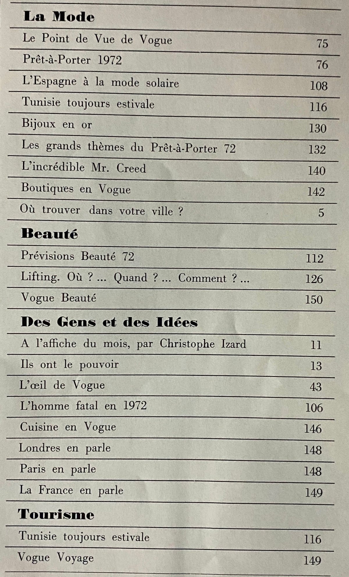 Table of contents page from Vogue Paris Magazine February 1972, detailing featured articles and fashion highlights.